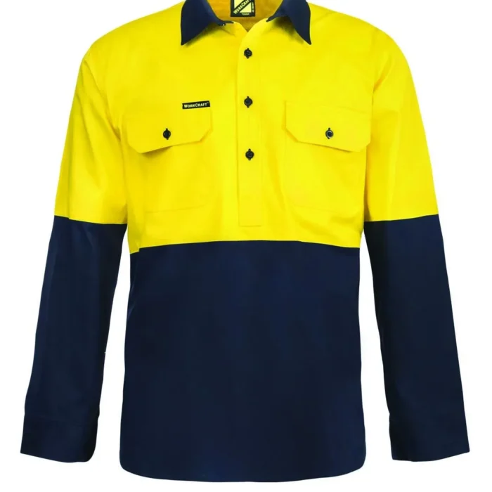 LIGHTWEIGHT HI VIS CLOSED FRONT VENTED COTTON DRILL SHIRT WITH SEMI GUSSET SLEEVES