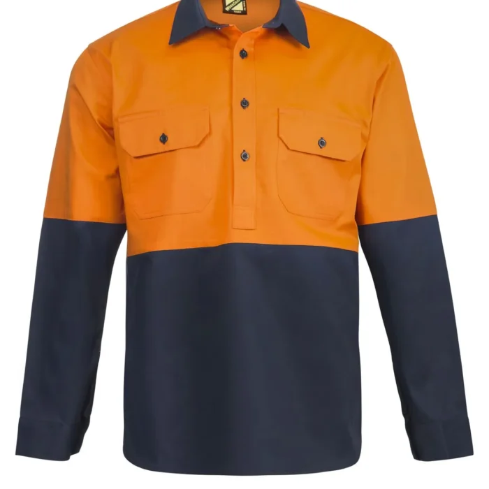 HI VIS CLOSED FRONT COTTON DRILL SHIRT WITH SEMI GUSSET SLEEVES