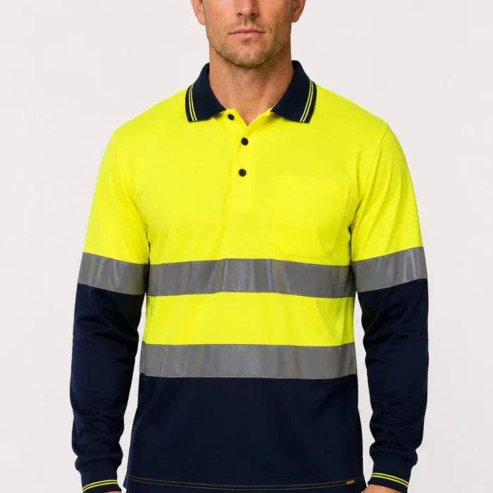 HI VIS LONG SLEEVE MICROMESH REFLECTIVE POLO WITH POCKET
