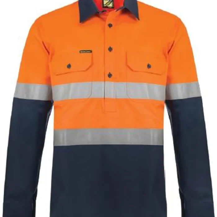HI VIS CLOSED FRONT COTTON DRILL REFLECTIVE SHIRT WITH SEMI GUSSET SLEEVES