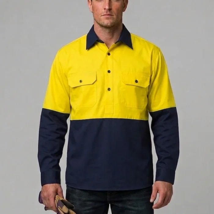 HI VIS CLOSED FRONT COTTON DRILL SHIRT WITH SEMI GUSSET SLEEVES