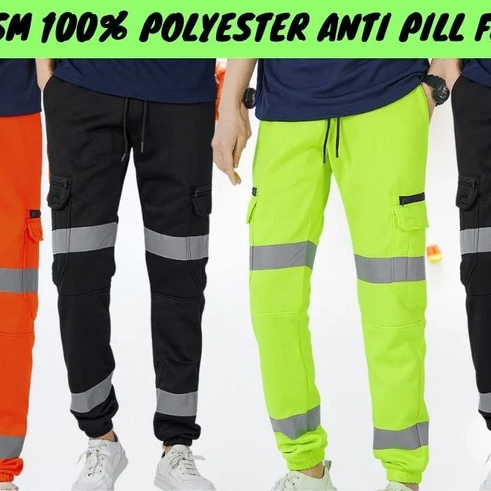 Mens Hi Vis Fit Fleece Pants with Reflective Cargo Workwear Safety Track Trouser